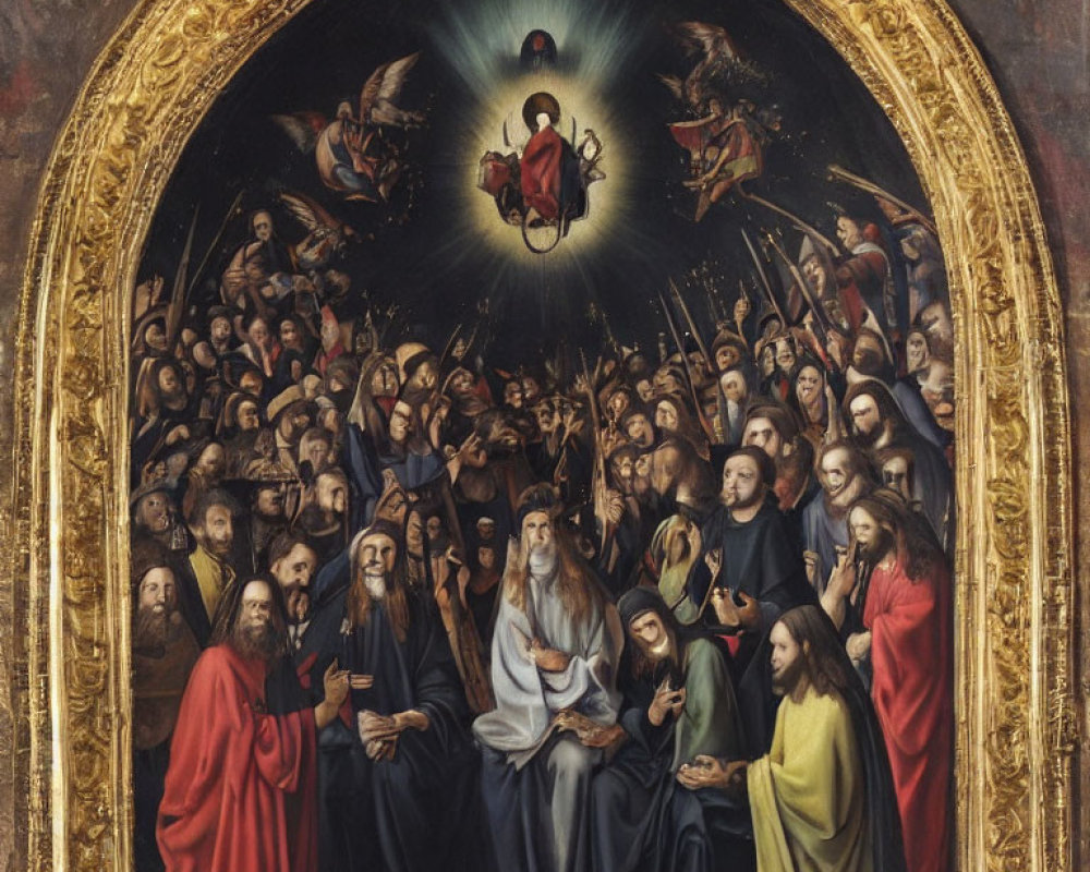 Religious painting with figures gazing at central radiant vision