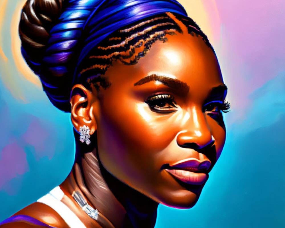 Colorful digital portrait of a woman with blue tinted bun and braided hair.