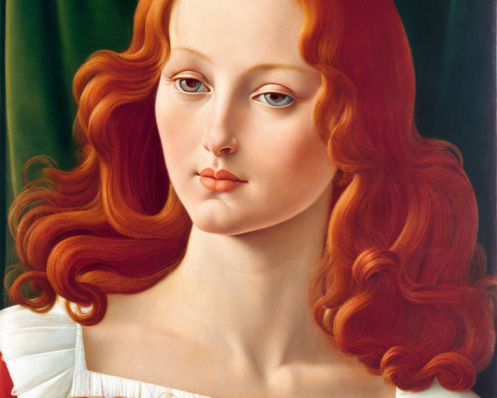 Fiery Red-Haired Woman Portrait on Green Background