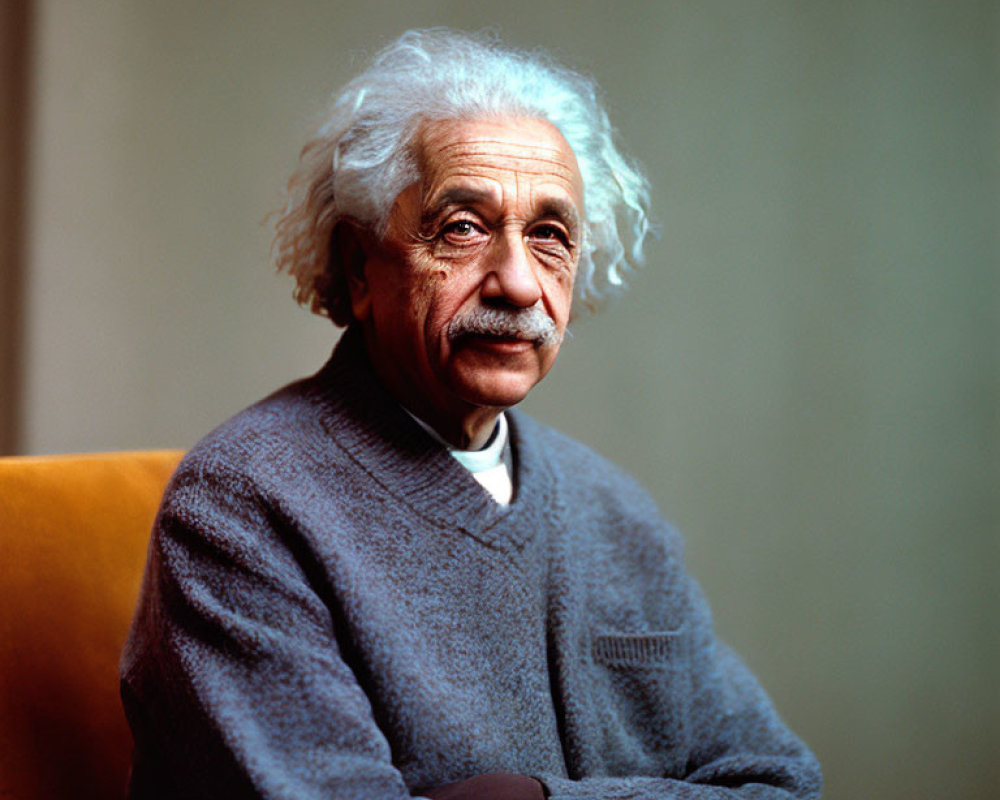 Elderly person with curly white hair and mustache in sweater gazes at camera