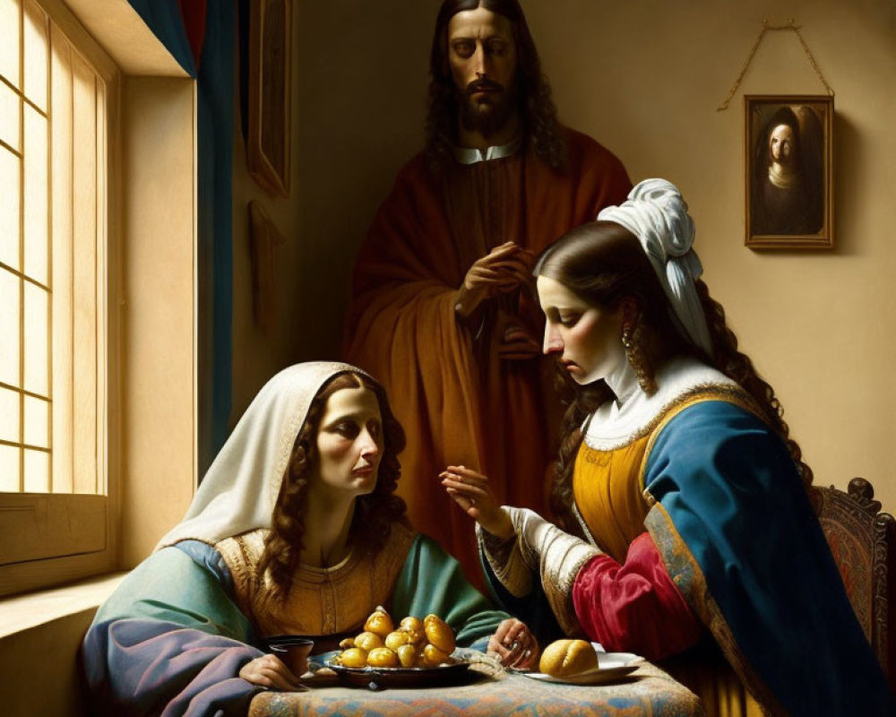 Historical scene with two women and a bearded man in a room with window, fruit table,