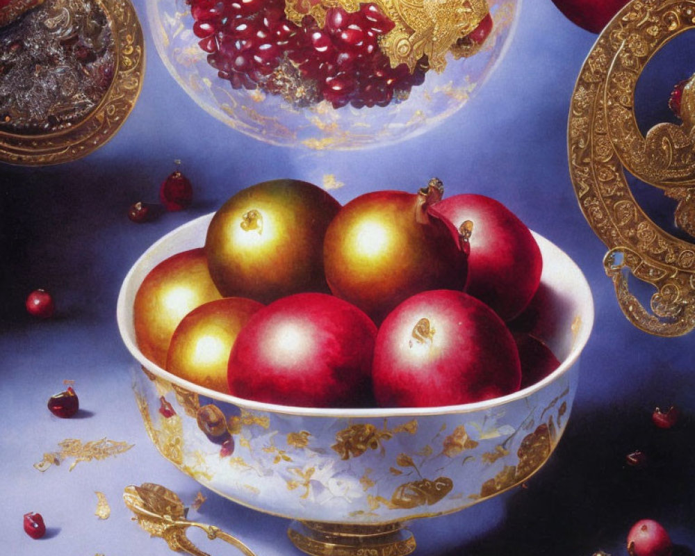 Still life painting: porcelain bowl with red and gold apples, pomegranate seeds, and golden