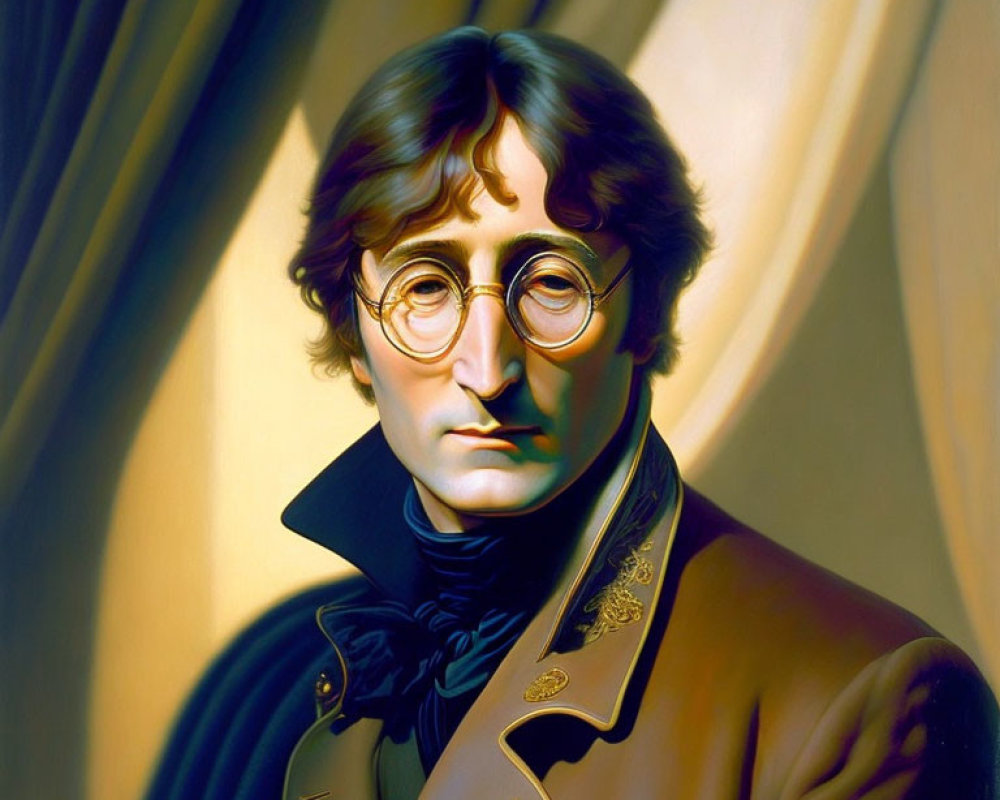 Stylized portrait of man with round glasses and shoulder-length hair