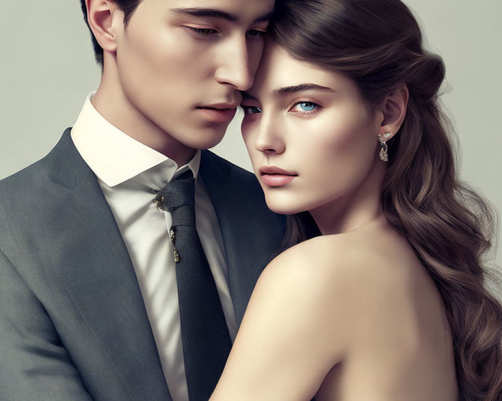 Elegant portrait of man in suit and woman with long hair, exuding intimacy