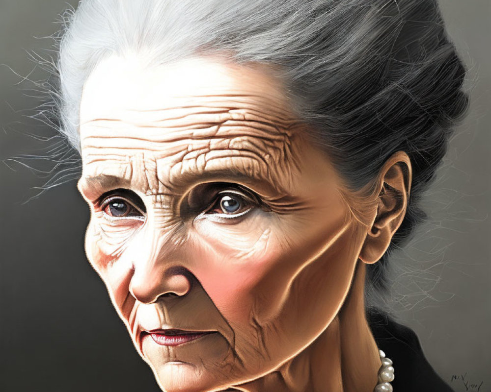 Elderly woman with pale skin, grey hair, deep wrinkles, piercing gaze, pearl necklace.