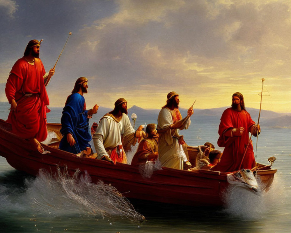 Robed figures in wooden boat on the sea with man pointing forward.