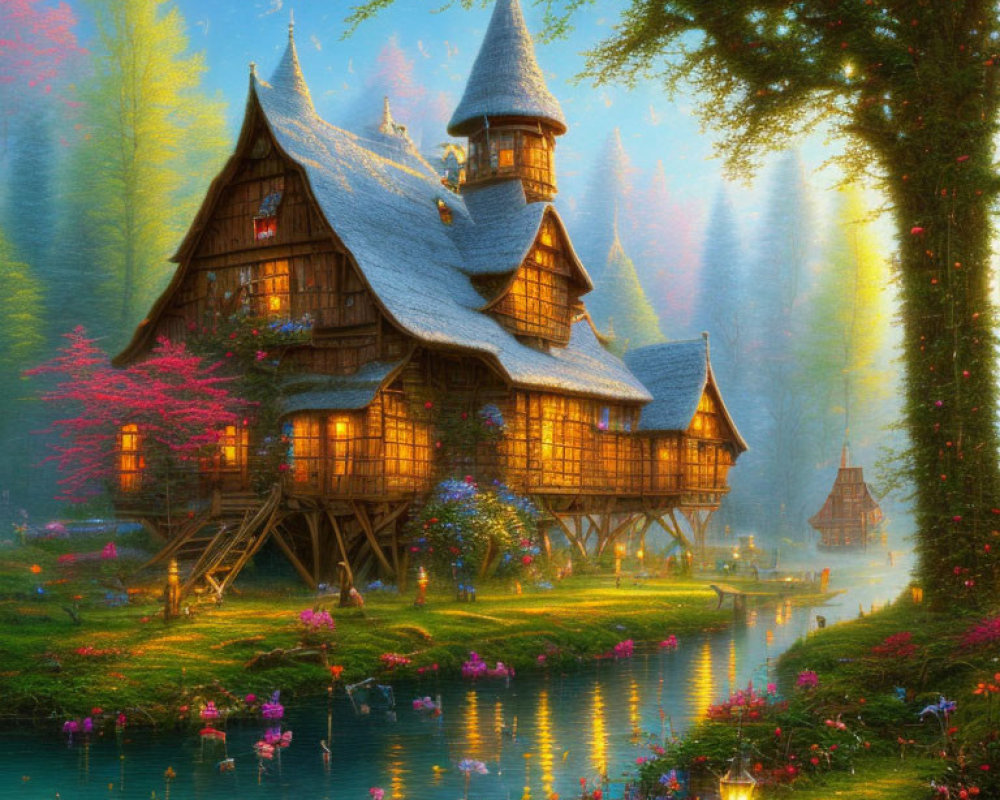 Fairytale Cottage with Spires in Magical Forest at Dusk