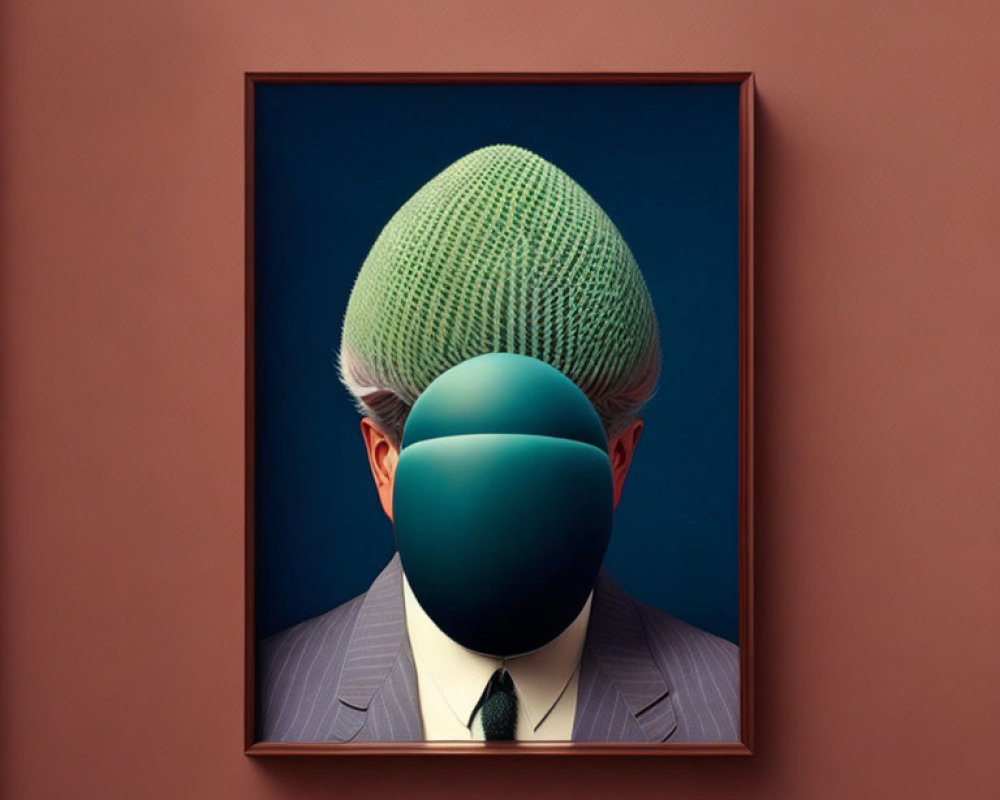 Surreal portrait with oversized green sphere, suit, and beanie on salmon backdrop