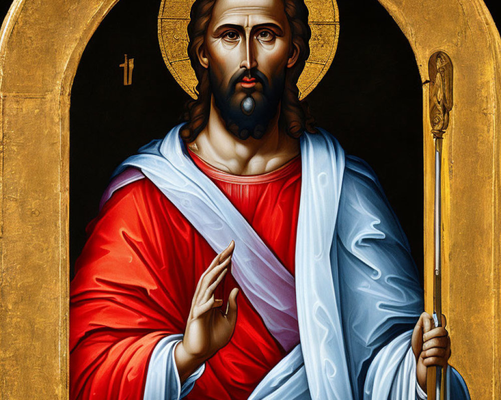 Religious icon of bearded figure in red and blue robes