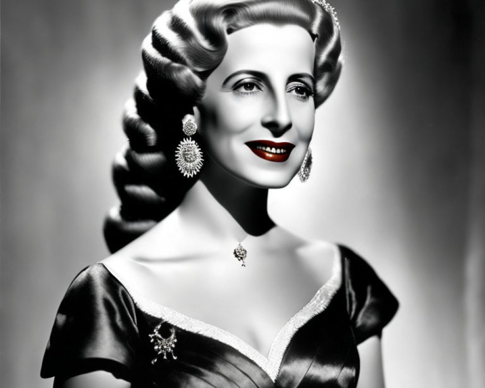 Classic 1940s black and white portrait of a woman with red lipstick and elegant attire