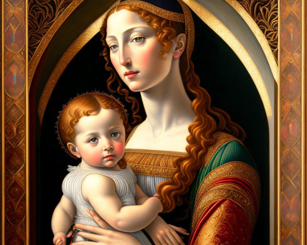 Renaissance-style painting of woman with blue headband and child