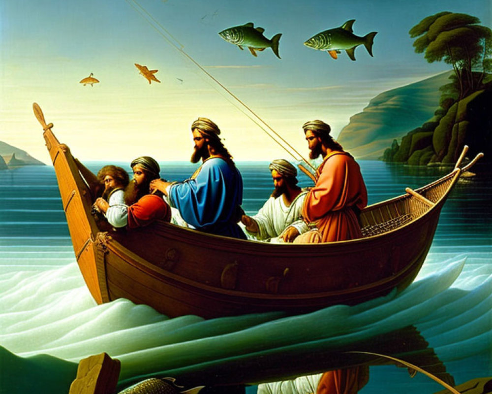 Five individuals in historical attire on a boat surrounded by leaping fish in a serene setting.