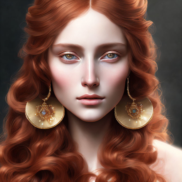 Portrait of Woman: Long Curly Red Hair, Pale Skin, Multi-Colored Eyes