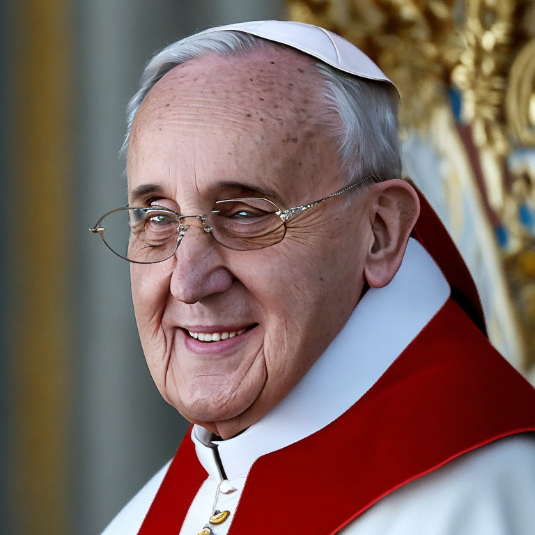 Elderly man in white and red papal vestments smiles against golden backdrop