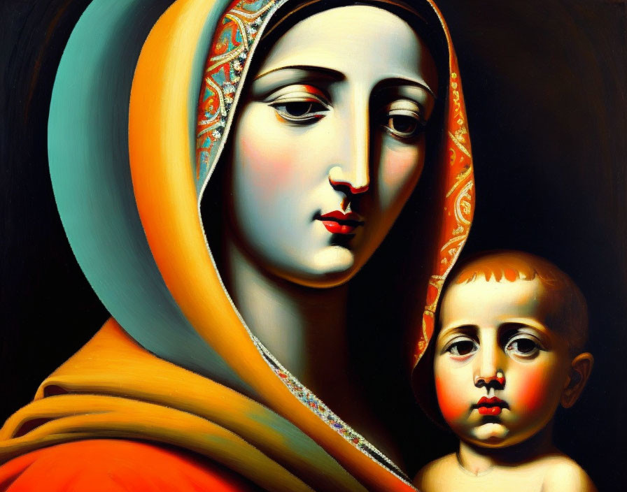 Colorful painting of Mary and baby Jesus in orange veil and blue robe.