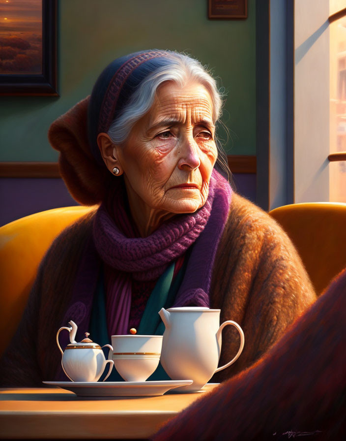 Elderly woman sitting at table with teapot and cup in warm light