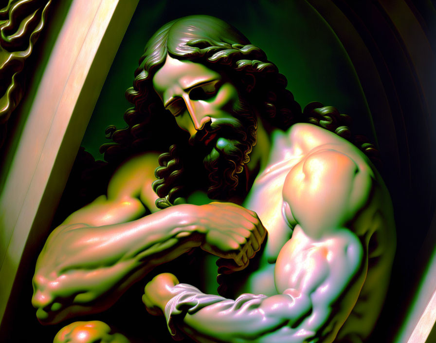 Muscular figure with flowing hair in contemporary religious art style