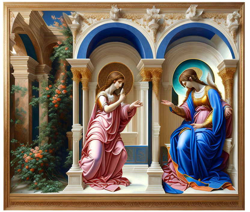 Detailed painting of the Annunciation with Virgin Mary in pink and Angel Gabriel in blue, set in orn