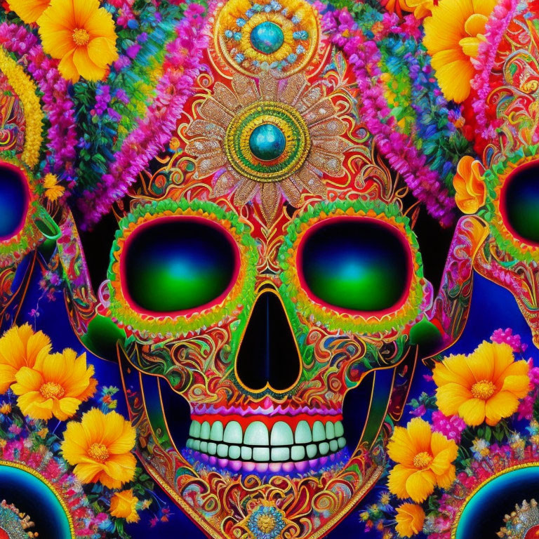 Colorful Dia de los Muertos skull with floral patterns