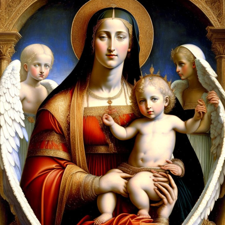 Madonna and Child Painting with Angels in Red and Blue Robes