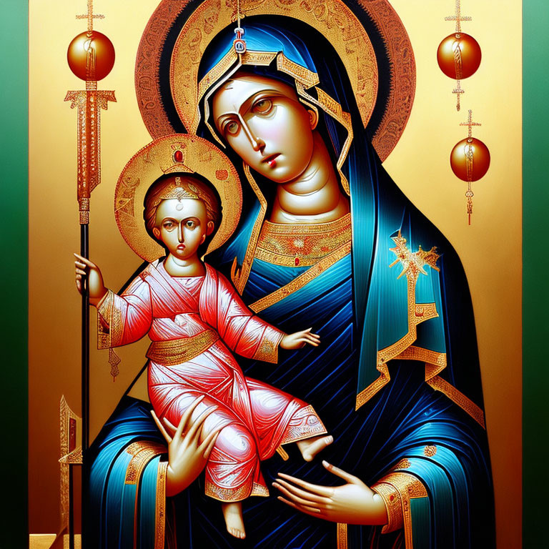 Icon of Virgin Mary Holding Infant Jesus with Golden Halos