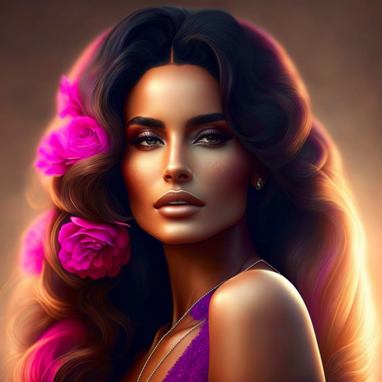 Portrait of woman with glowing skin, long hair, pink flowers, purple dress