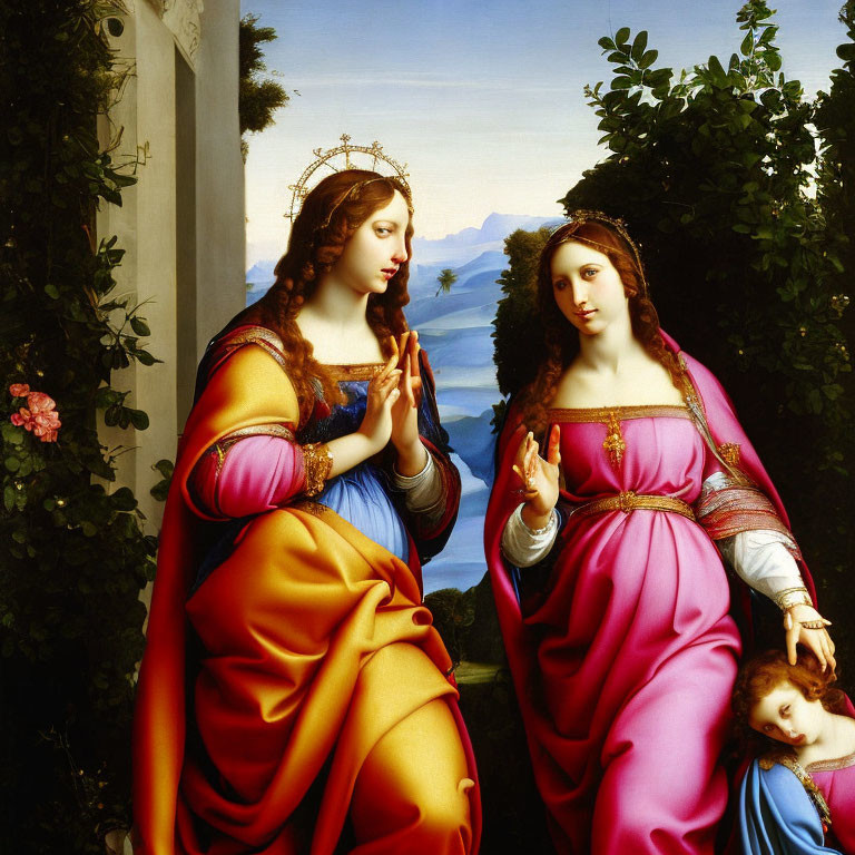 Two women in Renaissance dresses and crowns against scenic backdrop with lake.