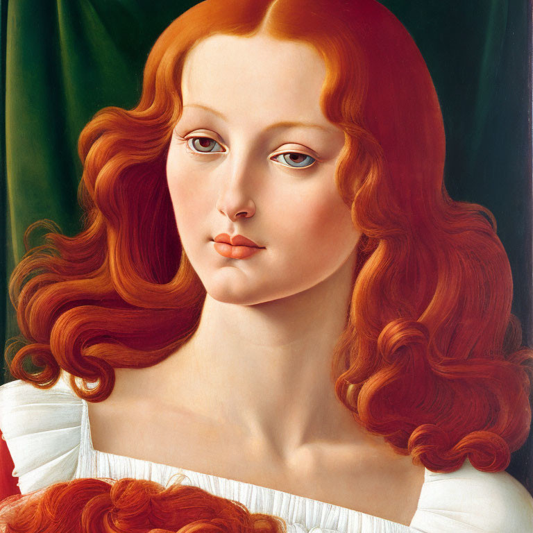 Fiery Red-Haired Woman Portrait on Green Background