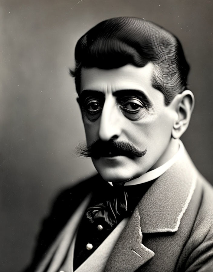 Vintage Black and White Portrait of Man with Prominent Mustache in Formal Suit