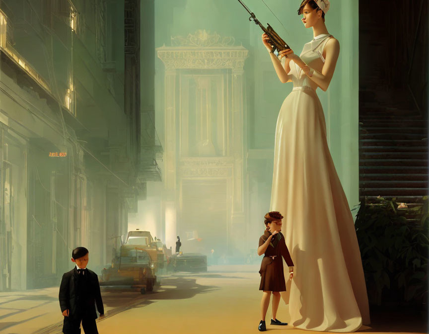 Vintage-style art: Children, woman in retro dress with rifle in futuristic city.