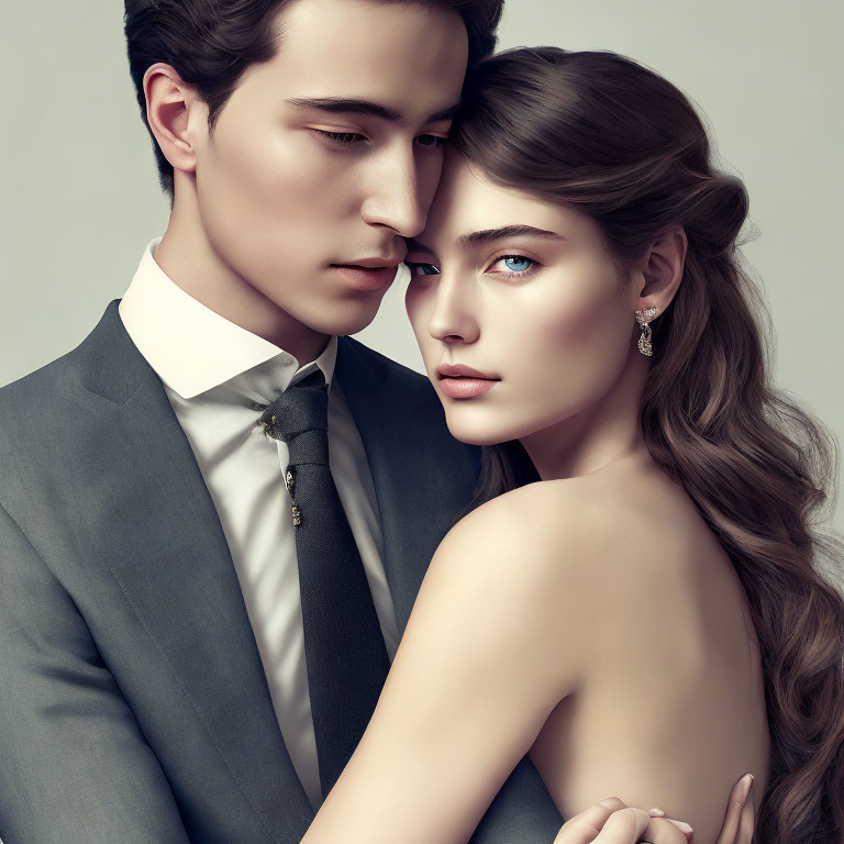Elegant portrait of man in suit and woman with long hair, exuding intimacy