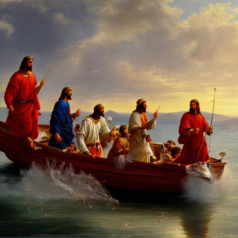 Robed figures in wooden boat on the sea with man pointing forward.