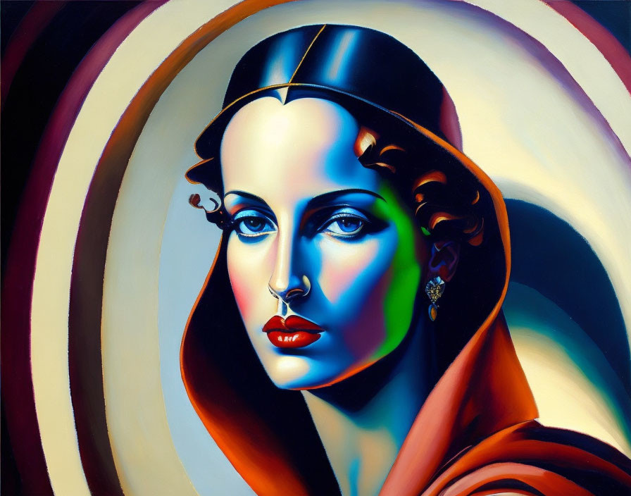Stylized portrait of a woman with blue eyes and red lips against colorful circles