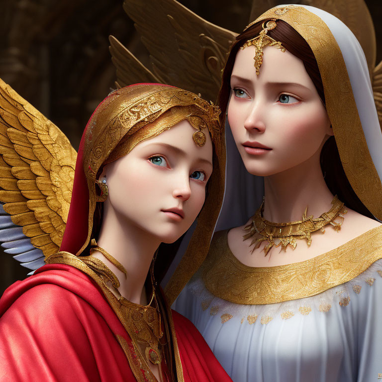Stylized humanoid figures with angelic wings and intricate golden jewelry in red and blue attire.