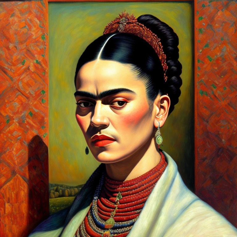 Portrait of woman with unibrow, braided hair, white attire, red accessory, earrings,