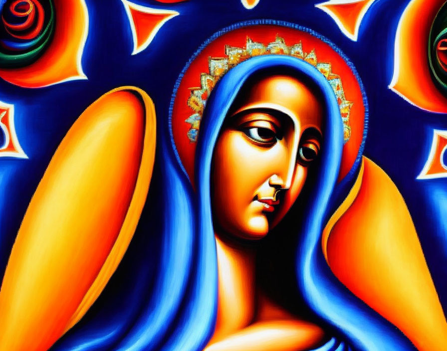 Colorful painting of figure with blue mantle and halo, featuring bold and fluid shapes.