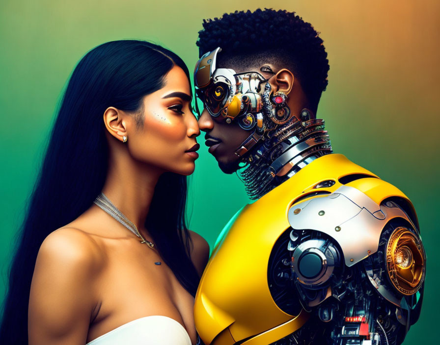 Woman and humanoid robot in close confrontation on colorful backdrop