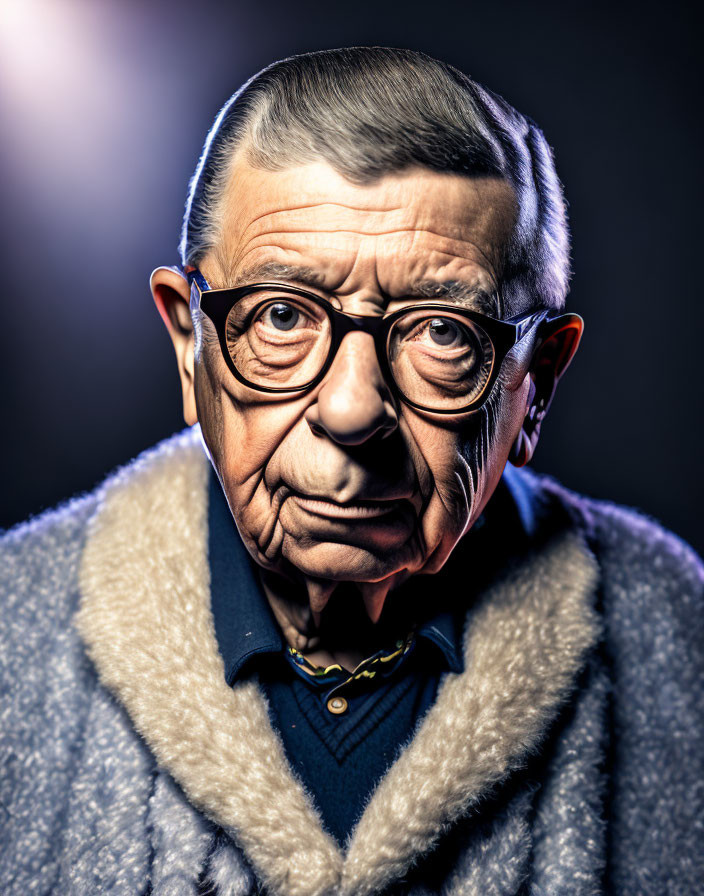 Detailed portrait of elderly man with glasses and hearing aid in dramatic lighting