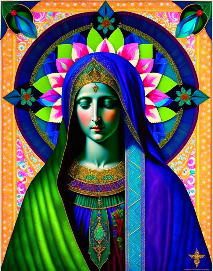 Digital artwork: Female figure with halo in ornate garments and jewels