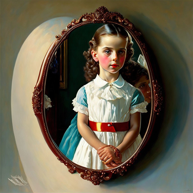 Realistic painting of young girl with curly hair in white and blue dress with red belt reflected in oval