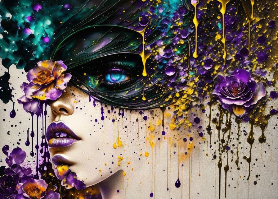 Colorful artwork of a woman's face with mask, surrounded by splashes and flowers