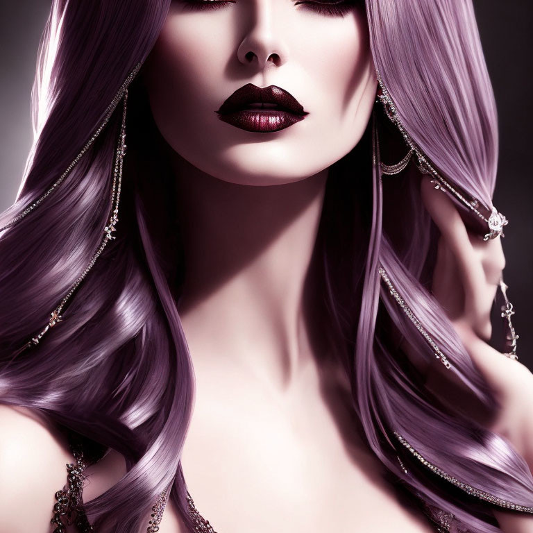 Woman with Purple Wavy Hair and Dark Lipstick in Moody Setting