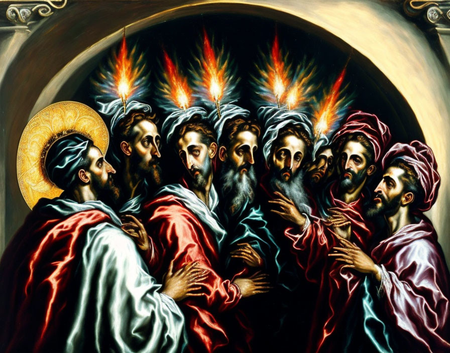Religious painting depicting Pentecost scene with apostles and Holy Spirit symbol.