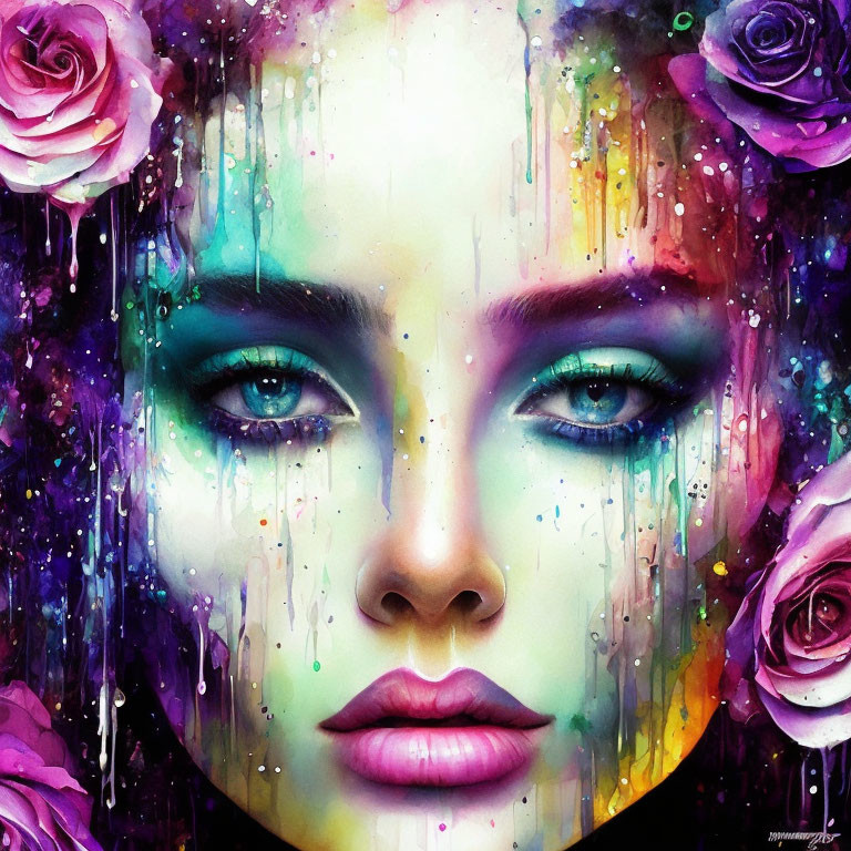 Vibrant Portrait of Woman with Dripping Paint and Pink Roses