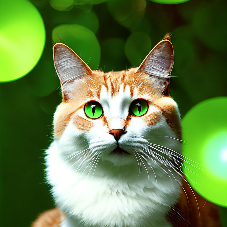 Orange and White Cat with Green Eyes in Soft Green Bokeh Background