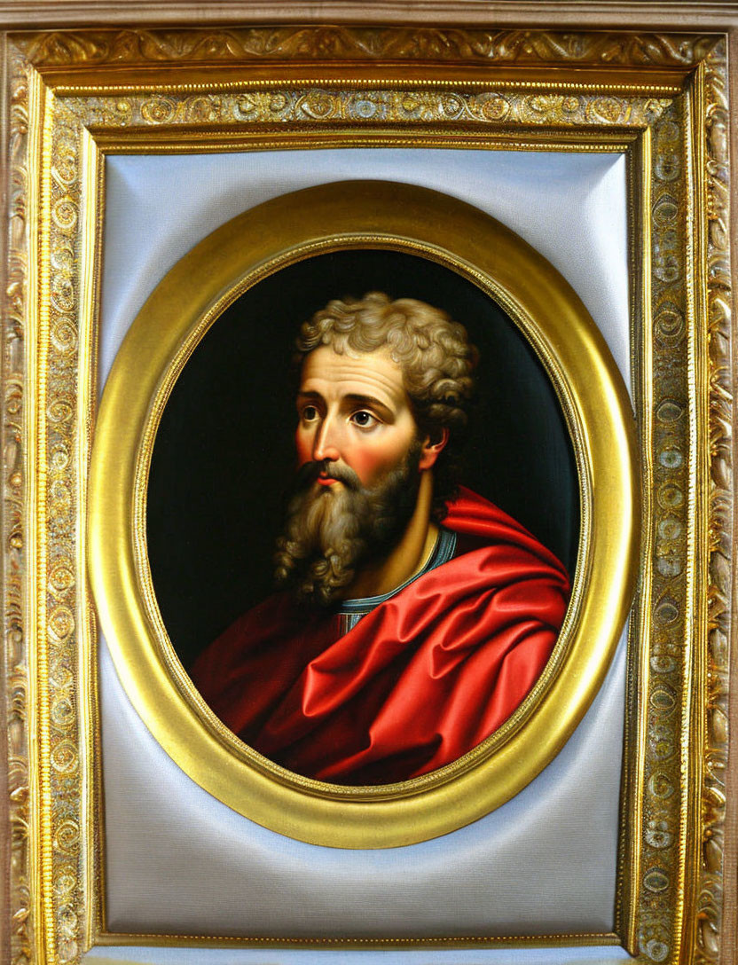 Classical Oil Painting: Bearded Man in Red Robe, Ornate Oval & Rectangular Gold