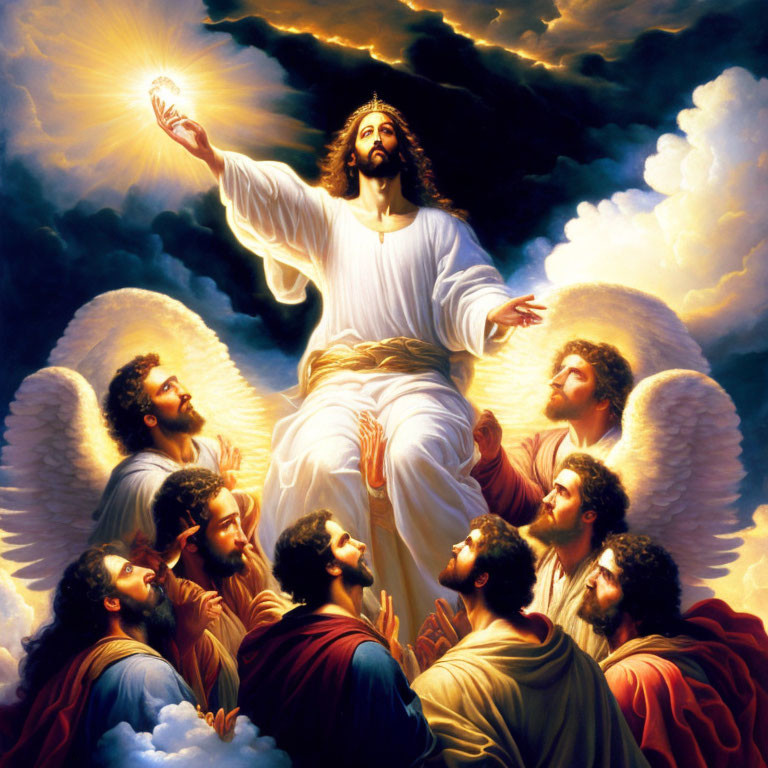 Figure in White Robes with Outstretched Hands Surrounded by Awe-Struck Crowd