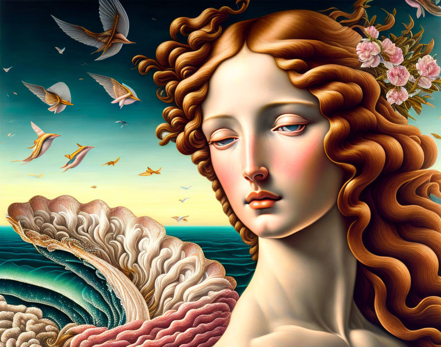 Surreal portrait of woman with flowing hair, ocean waves, birds in twilight sky