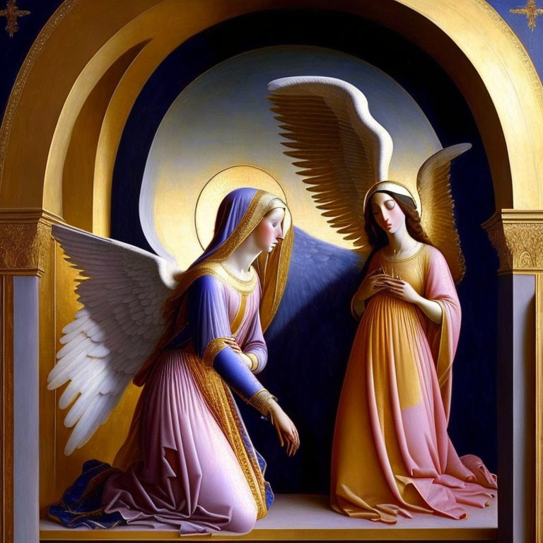 Angel with wings kneeling before haloed woman in pink robe surrounded by golden arches