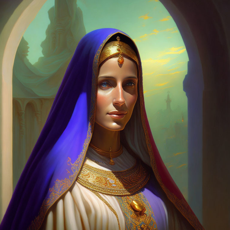 Regal woman in blue and gold headpiece before archway and cityscape.